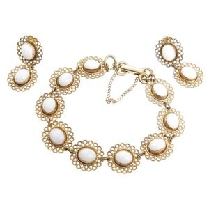 Vintage BEAU STERLING Signed Gold Vermeil Filigree Opal Cab Bracelet & Earrings